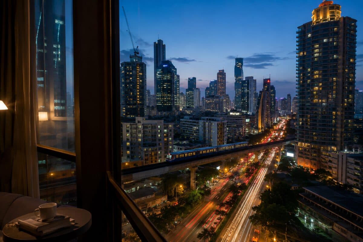 Vue sur les gratte-ciels de Bangkok depuis un condo, avec le BTS Skytrain — la ville la plus chère du comparatif