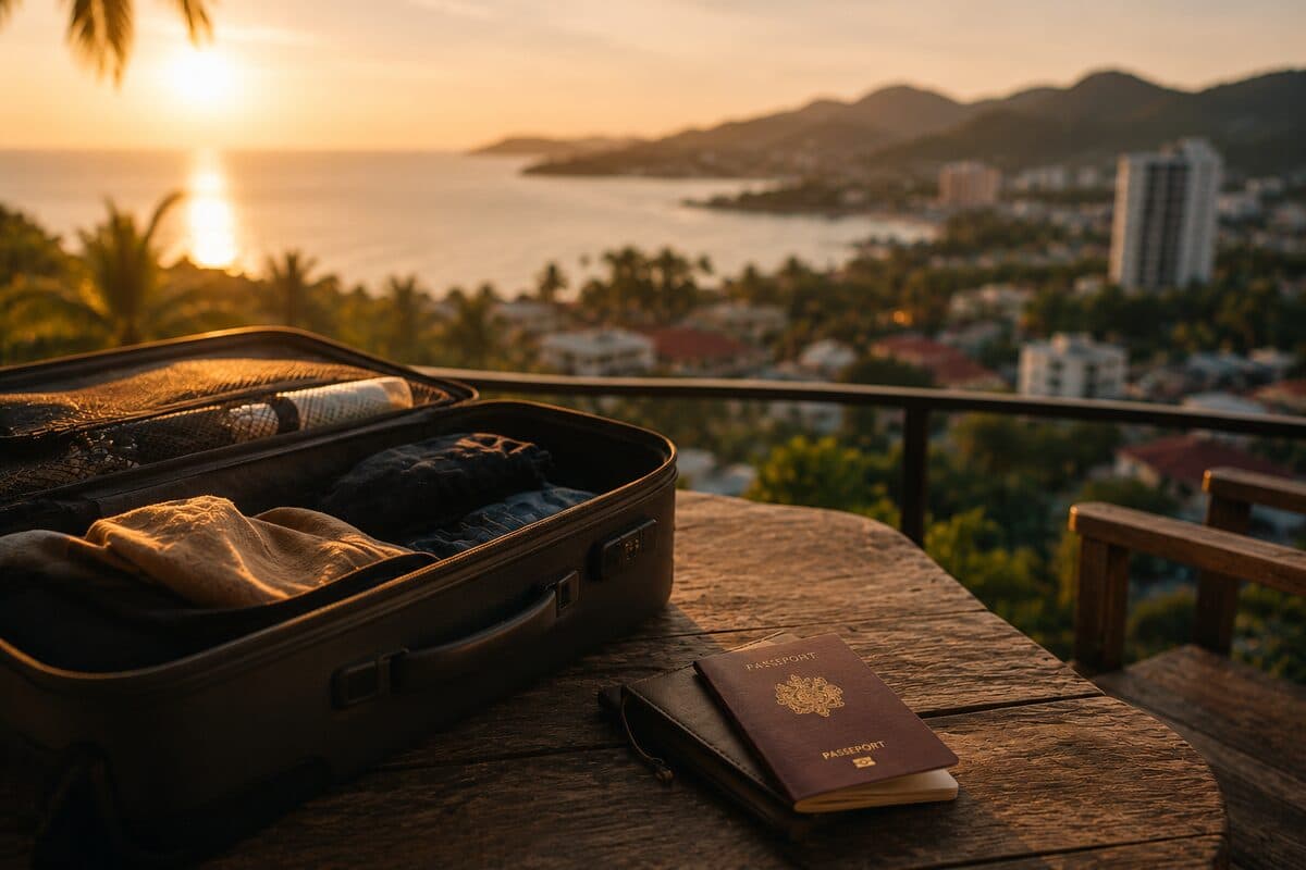 Valise et passeport sur un balcon face à une ville thaïlandaise — choisir où s'installer avec un visa DTV
