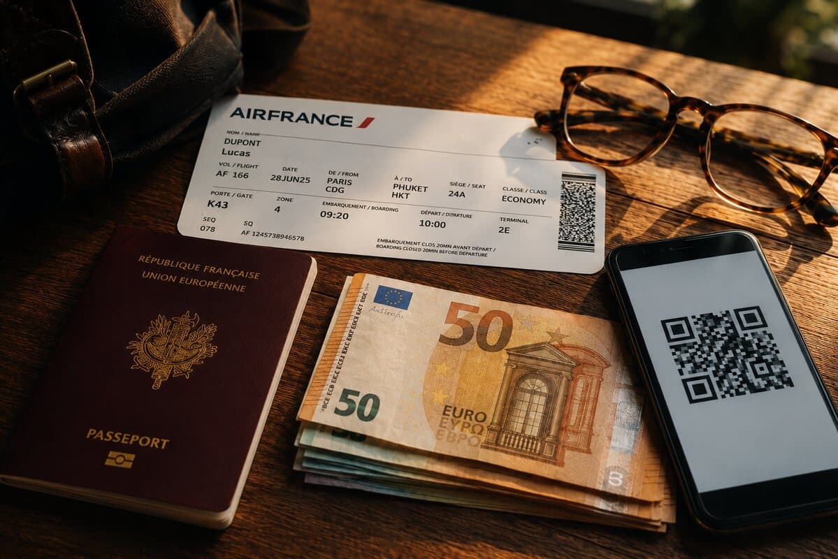 Passeport français, billets en euros, carte d'embarquement Paris-Phuket et QR code TDAC préparés avant le départ pour la Thaïlande