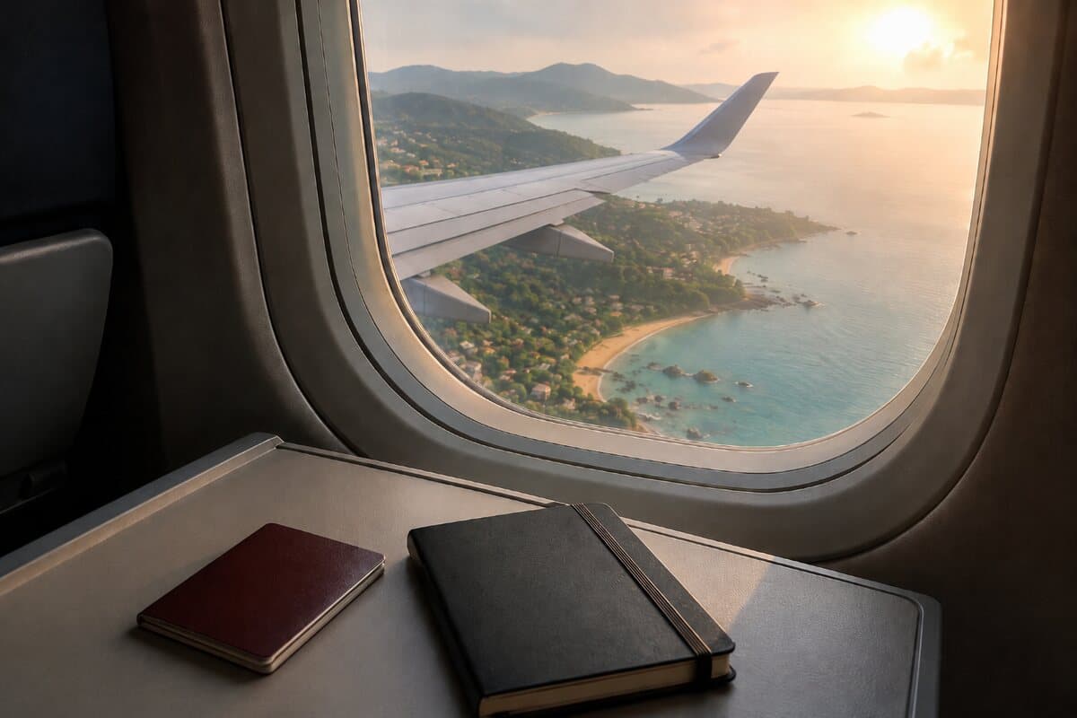 Vue depuis un hublot d'avion au décollage, avec un passeport posé sur la tablette