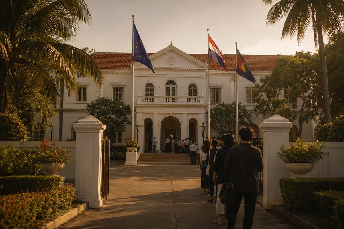 File d'attente devant une ambassade de Thaïlande, à l'époque où le dépôt en Asie était encore ouvert aux non-résidents